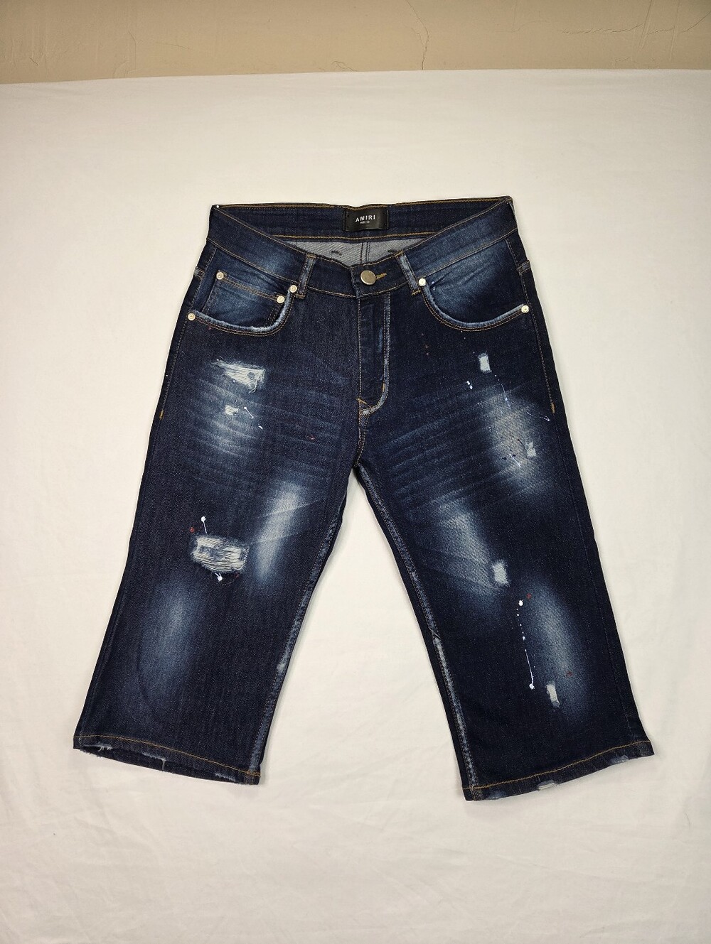 AMIRI Size 30 Distressed Paint Splatter Denim Bermuda Shorts Stretch Dark Wash